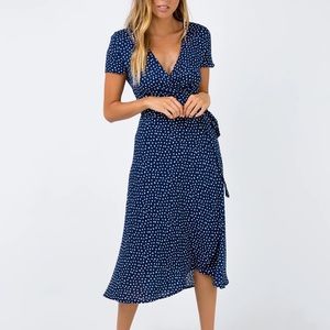Navy & White Polka Dot Wrap Midi Dress